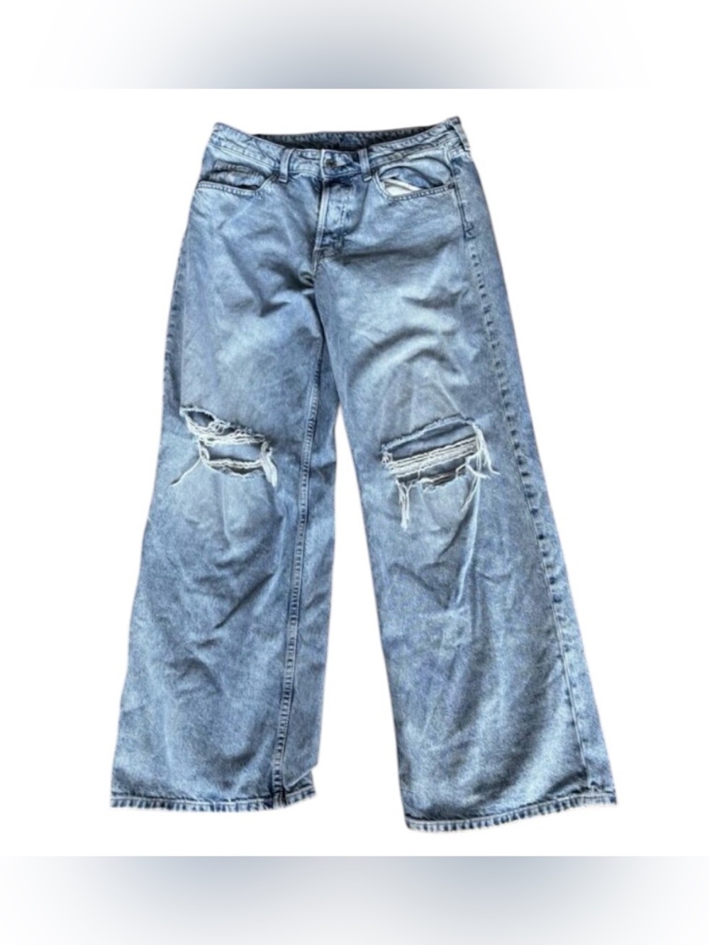 H&M Light Wash Baggy Wide Leg Distressed Ripped Knee Jeans Sz 8 Oversized Y2K